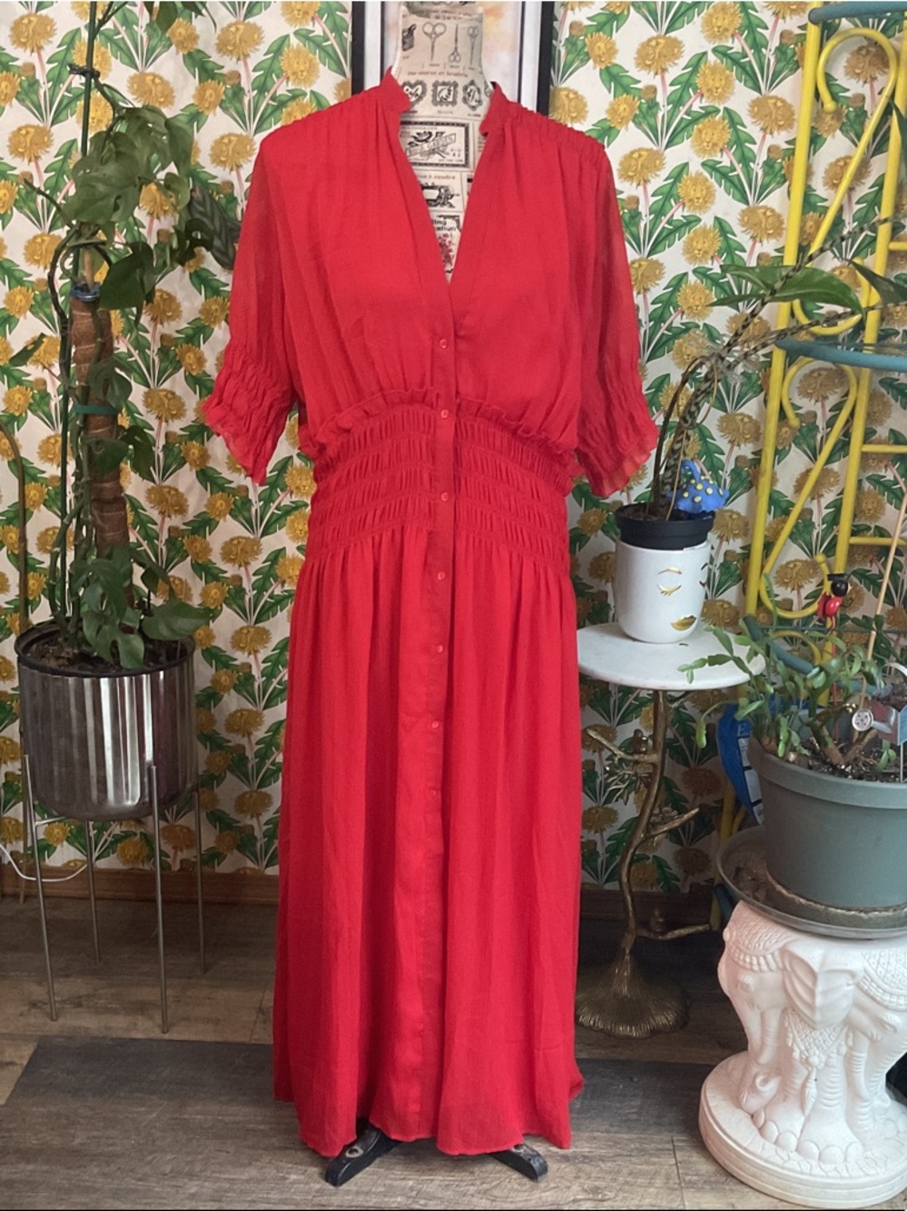 Zara Red Button-Front Smocked Maxi Dress